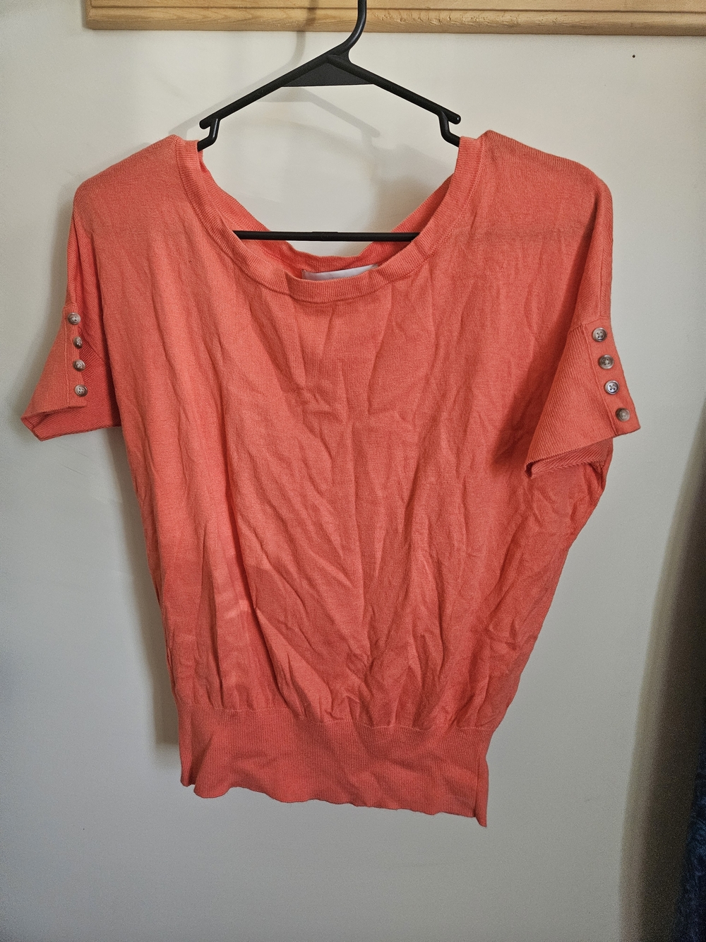 LOFT Coral Short Sleeve Knit Top with Sleeve Button Detail